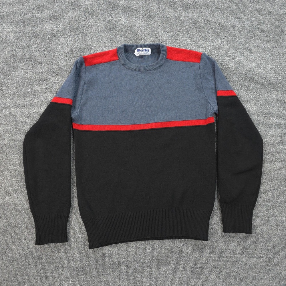 Vintage Meister Sweater Mens Medium Black 100% Wool Crew Neck Striped Knit 70s
